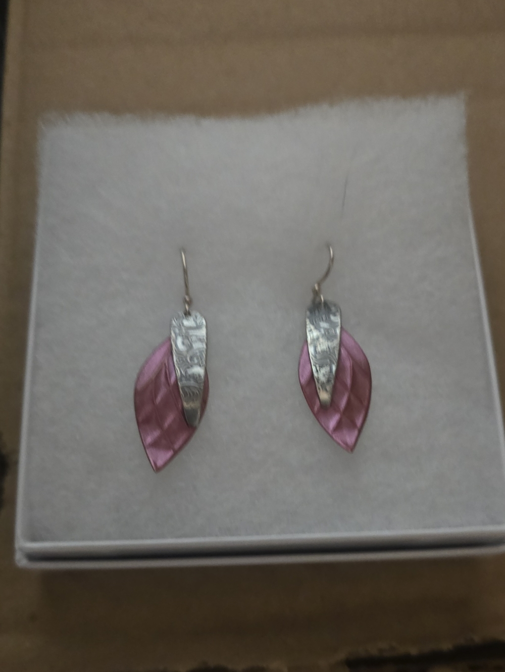 Pink Leaf Dangle Sterling Silver Earrings by